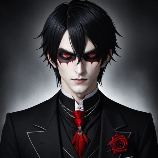 Prompt: Red_Eyes, Short Waxy_Black Hair, Vampire Bloodline, Butler of Satanic Degree 29, Sinistea Regime Jnixo