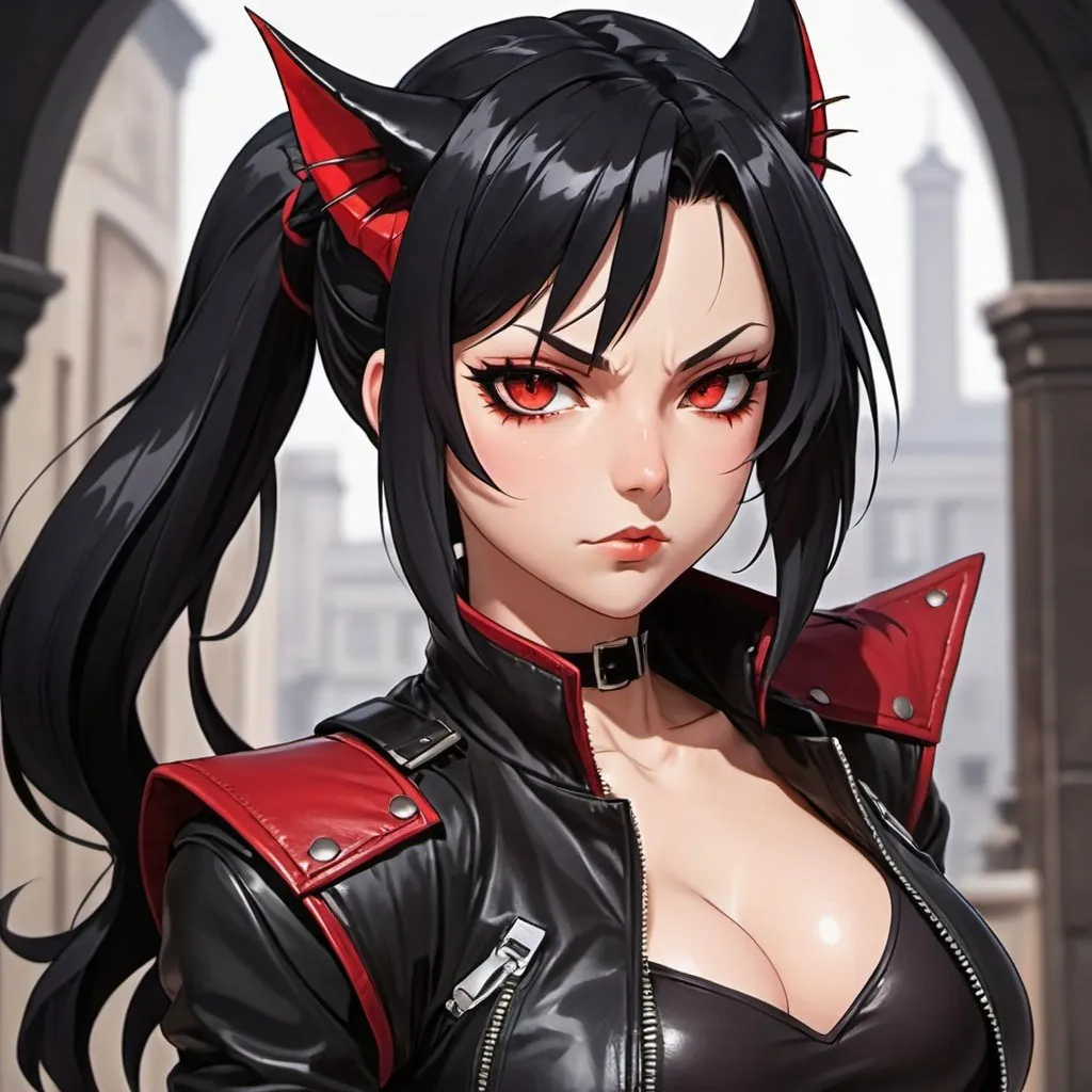 Prompt: Black_Hair, Greasy Hair, Smooth Skin, Red_Eyes, Leather Vest, Succubus Ultimate Instinct, Vivid Cartoon, Feline Oppressor Anime, Tasty Poisoner, Emotional Villain