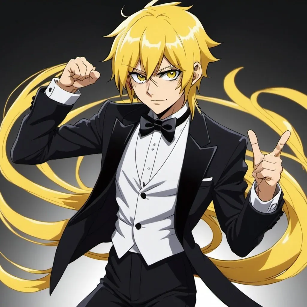 Prompt: Yellow_Hair, Tuxedo-Cropped, Anime Elemental Jamin' Pow-Pow, Crisp Layers, Perfect Complete Form Anime, 