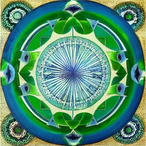 Prompt: Green, Blue, Mandala, Hyodon Remaghjorsh, System of Roman in Peril III