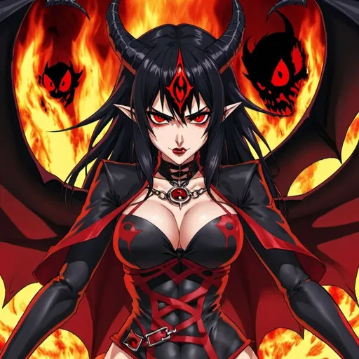 Prompt: Grand Hell-Fire Sorceress, Eye, Red_Evil Eyes, Cape of Fear, Jet Black Hair, Anime Succubus, True Terror of Lust of Hatred, Liar and Smirk of Ancestral Greed