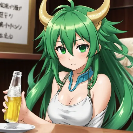 Prompt: Green_Hair, Puffy Dragon Girl, Drunk, Madness Extroverted, Embarrassed, Blind Warrior of 50 Legions of Demons, Anime, Grand Gesture of Rube Behavior, Unsightly Moron