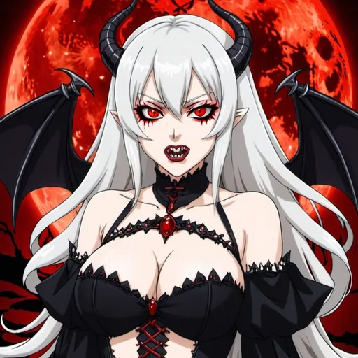 Prompt: Twisted Throne, Evil White_Hair, Cunning Red Eyed Devil Girl, Vampire Bloodmoon Teeth, Carnivore of Sinners, Anime XR.V