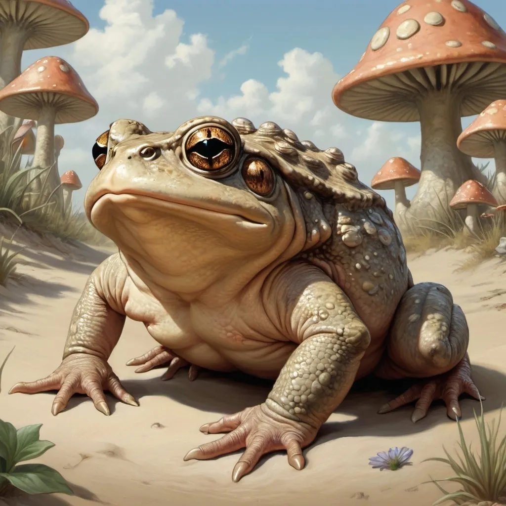 Prompt: Large Drugadol Toad, Mystic Gardens Hidden in Sand, Large Array, Vertigo Standard Art Pack