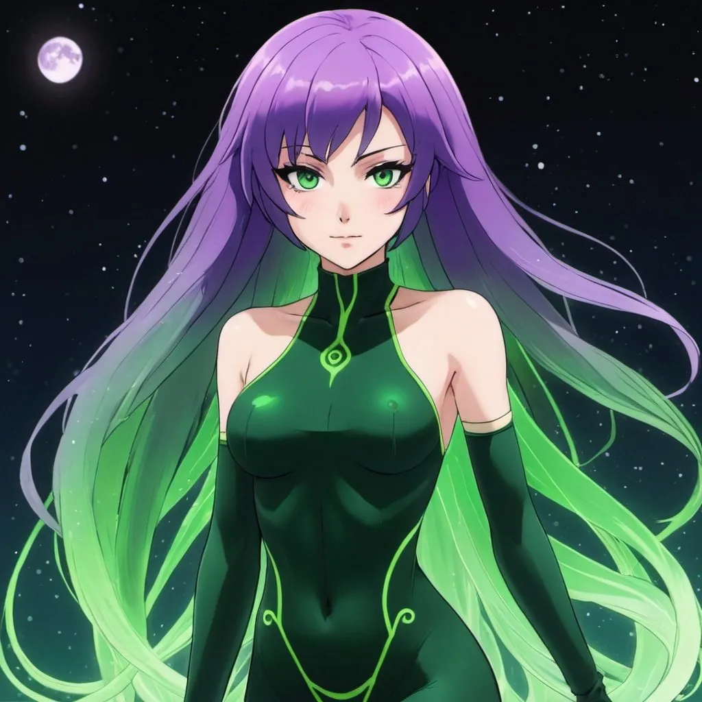 Prompt: Purple_Hair, Green Aura, Perfect Samelsygia, Anime, Triple Goddess, Unitard