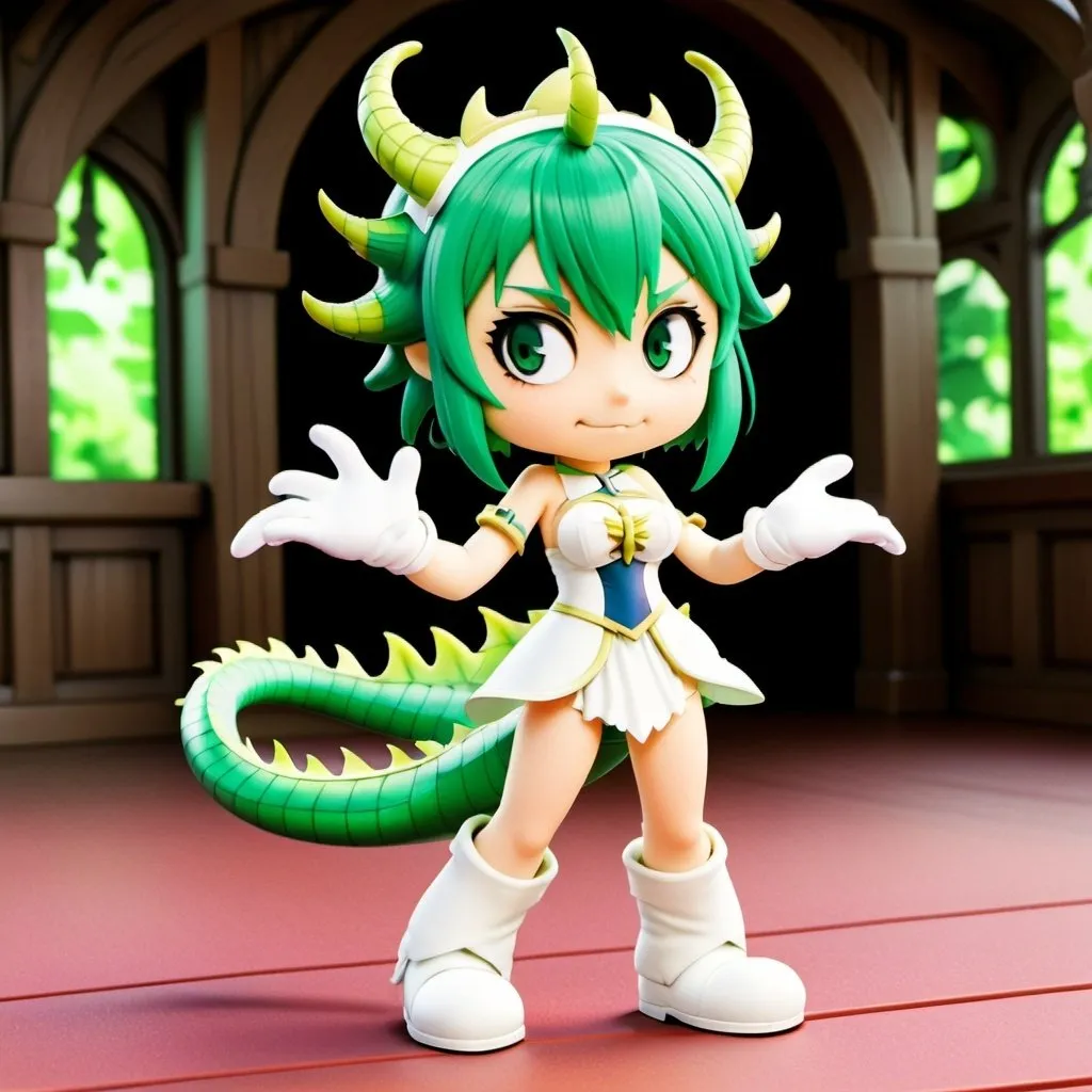 Prompt: Green_Hair, Puffy Dragon Girl, Drunk, Madness Extroverted, Soft Cute Gaze, Blind Warrior of 50 Legions of Demons, Anime, Deck out in Bridal Gear, Vesta Virgo