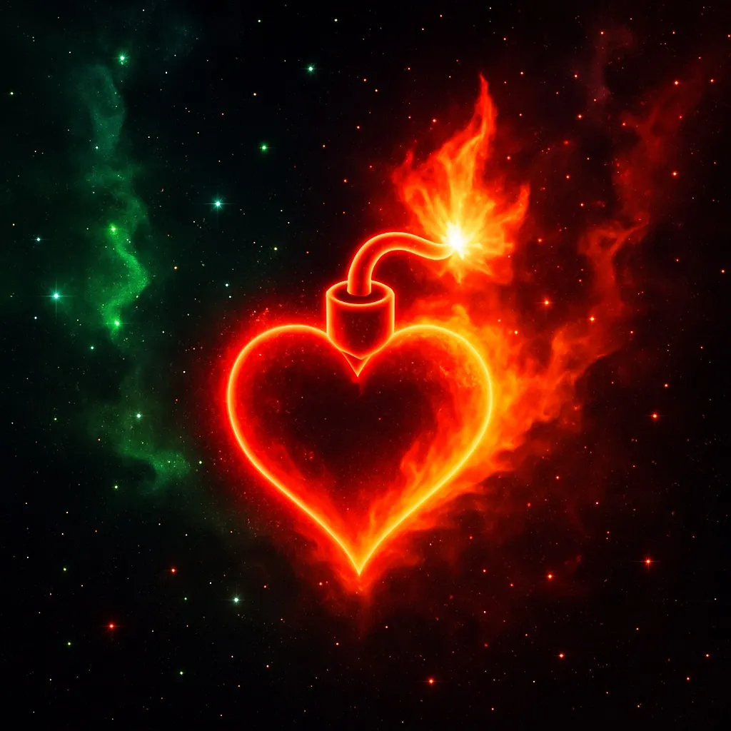 Prompt: grand outer space, glowing neon green, neon red, blazing heart bomb of love