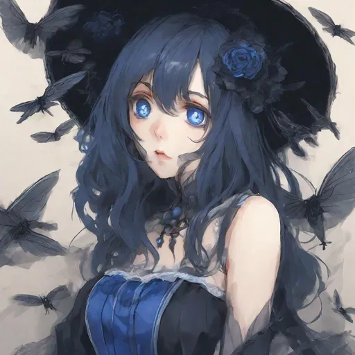 Prompt: Hollow Eyed, Flies Witch, Blue_Dress, Antique Vibe, Black_Hair, Wondering Banshee, Anime Exalted,