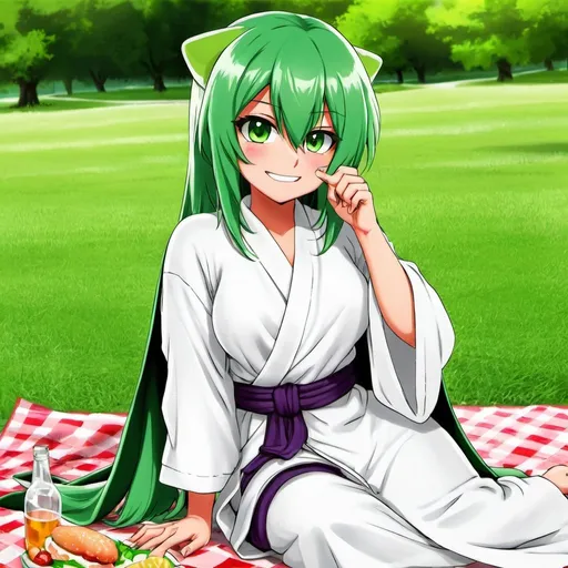 Prompt: Green_Hair, Puffy Dragon Girl, Drunk, Madness Extroverted, Confident, Soft-White_Robe, Blind Warrior of 50 Legions of Demons, Anime, Picnic Spring, Unsightly Moron