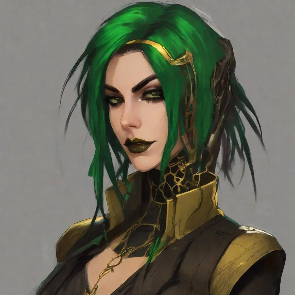 Prompt: Green_Hair, Brown-Vest, Gold Gothic, Slick Hair, Grunge 80s, Warframe