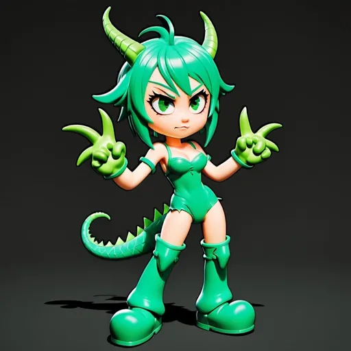 Prompt: Green_Hair, Puffy Dragon Girl, Drunk, Madness Extroverted, Embarrassed, Blind Warrior of 50 Legions of Demons, Anime, Grand Gesture of Rube Behavior, Unsightly Moron