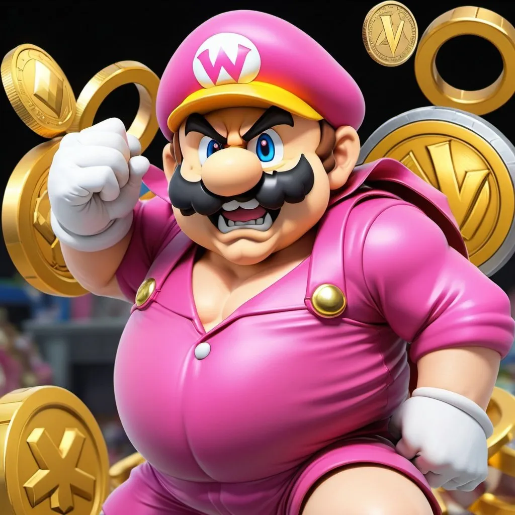 Prompt: Pink Ribbon Wario, Fat Farter, Coin World Omego Clause (qV-idle throw) Anime, Clay Iron Heat Mix, Gear, Expansion of Paradise Lost