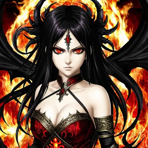 Prompt: Red-Fire_Eye, Roman Gothic, Princess Demon, 50 Legions of Demons, Anime,  Natalie, Silky Black_Hair, Revenge Complete