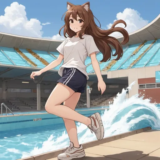 Prompt: Brown_Hair, Format Sneakers, Brown_Bushy Tail, Light-Anime_Girl, Full Allocation, GreatTime, T-Shirt, Wave Pool Movements