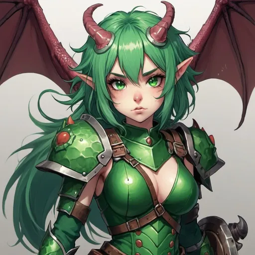 Prompt: Green_Hair, Puffy Dragon Girl, Drunk, Madness Extroverted, Weaponized Assault, Blind Warrior of 50 Legions of Demons, Shield of Dorogon, Unsightly Moron