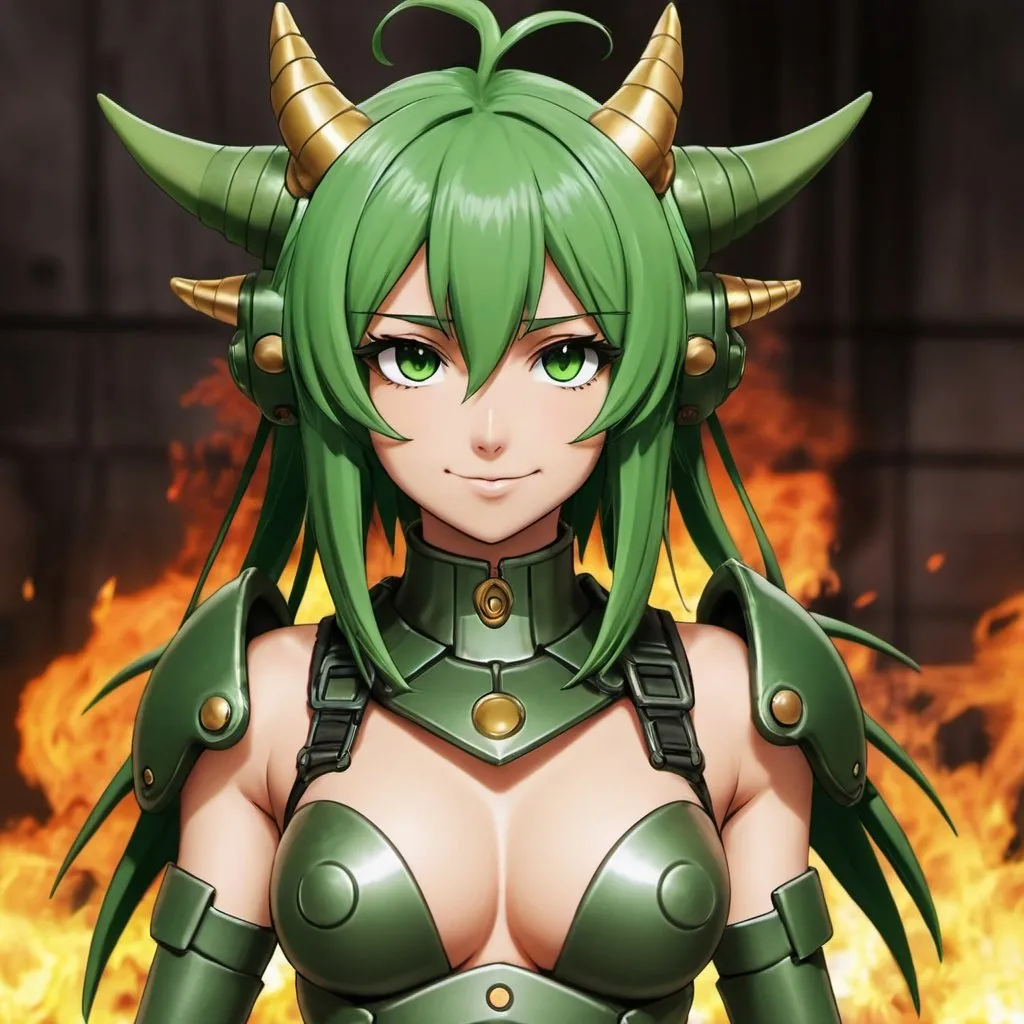 Prompt: Green_Hair, Puffy Dragon Girl, Drunk, Madness Extroverted, Silent Mastery, Blind Warrior of 50 Legions of Demons, Cyborg Retcon, Anime, Clay Iron Heat Mix, Gear, Expansion of Paradise Lost