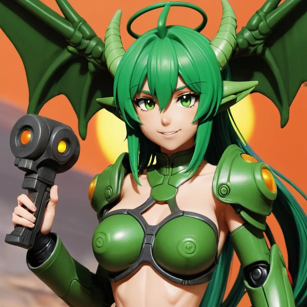 Prompt: Green_Hair, Puffy Dragon Girl, Drunk, Madness Extroverted, Silent Mastery, Blind Warrior of 50 Legions of Demons, Cyborg Retcon, Anime, Clay Iron Heat Mix, Gear, Expansion of Paradise Lost