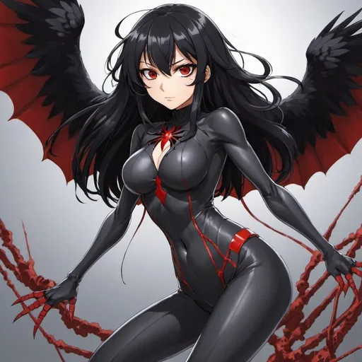 Prompt: Black_Hair, Action Suit, Flimsy Score Grey, Red_Eyes True Immortality, Anime, Joking Kill Spider Crow Mistress of Devil Anime