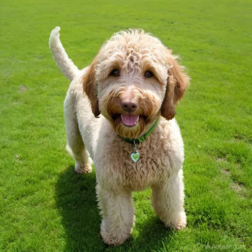 Prompt: Labradoodle, Green Funx, Looking_Down, Selfless Pet, Grass, Radiant Joy