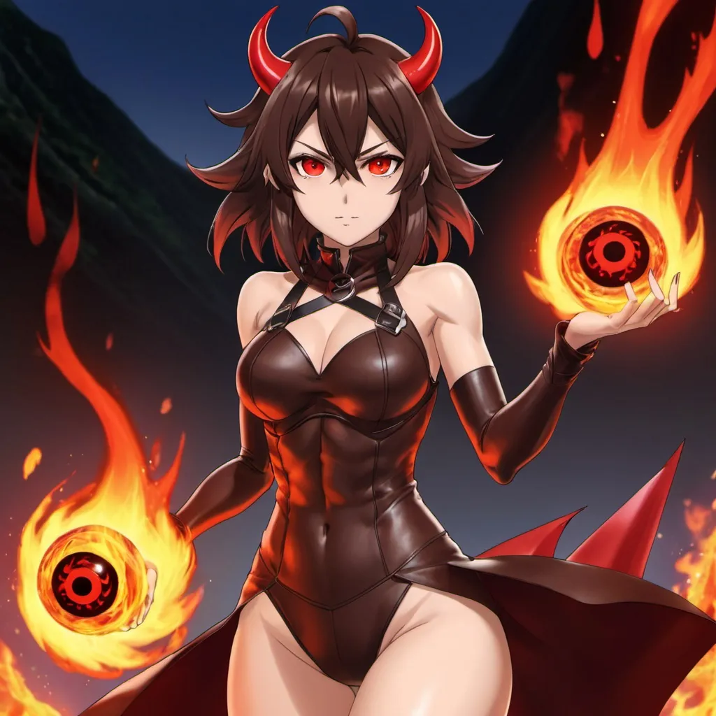 Prompt: Red_Eyes, Deep-Set Brown_Hair, Silk Leather Bottoms, Drunk, Feminine Sleek, Fire Cask Top, Demon Energy 8, Divine Nature Chakra Anime, Daughter of Lucifer