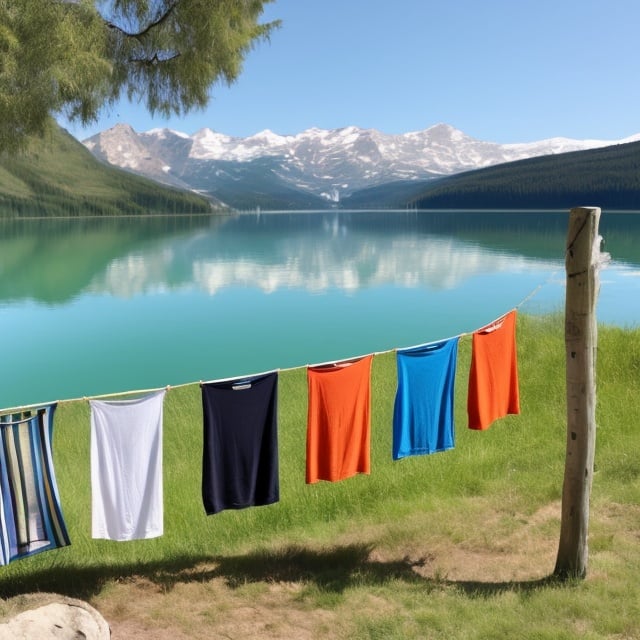 Prompt: Laundry Clothes in front of the lake