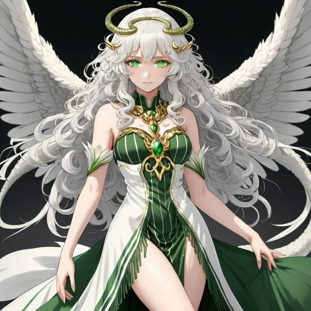 Prompt: Green_Eyes, White_Hair, Holy Women Archangel, Anime, Destroy Evil, Curly Grey Horns, Green Stripe Fringed Ice Dress, Supreme Gold Snake