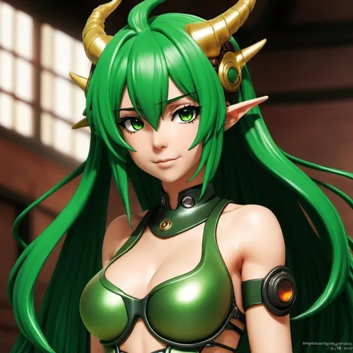 Prompt: Green_Hair, Puffy Dragon Girl, Drunk, Madness Extroverted, Silent Mastery, Blind Warrior of 50 Legions of Demons, Cyborg Retcon, Anime, Clay Iron Heat Mix, Gear, Expansion of Paradise Lost