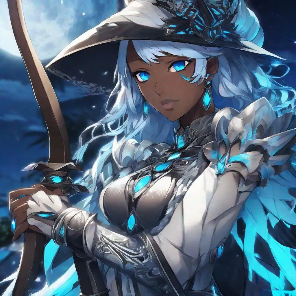 Prompt: Black_Skin, Neon-Blue_Cyan Eyes, Archer Queen, Tropical Nightfall, Empress of Ocean, Anime, 