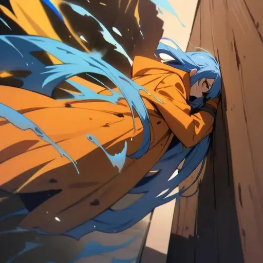 Prompt: blue_hair, orange long tench coat, flowing angelic pressure, Ambient dissonance, trapped toxic weathering