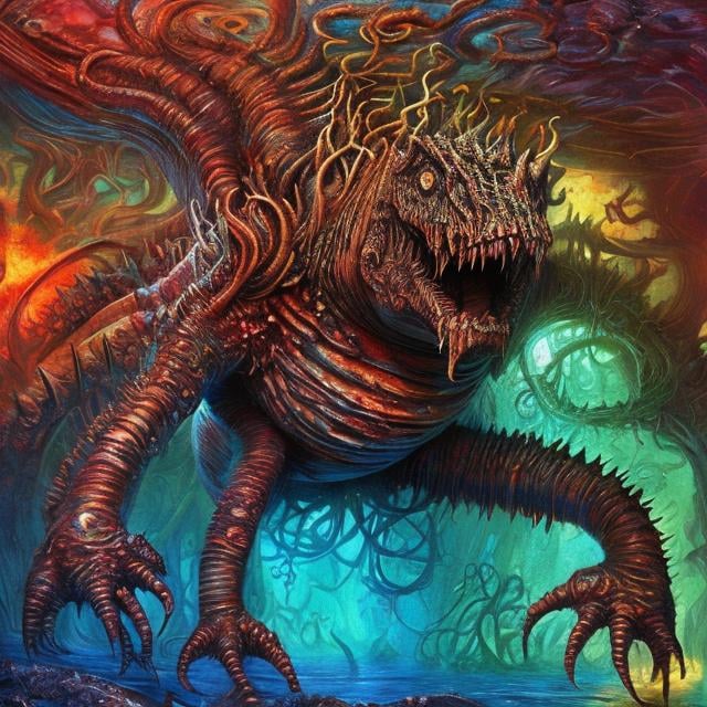 Prompt: Full Chaos 2x Water Belly Beast, Adventure Mode Progressive Rock Cover, Dated and Iron, Vile Background, Mold