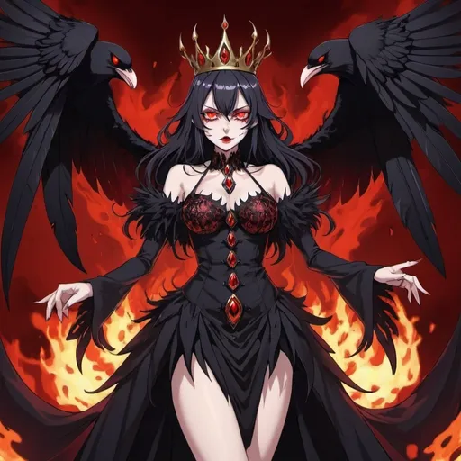 Prompt: Evil Red_Eye, Crow Lucifer Queen, Anime Double, Fusion Unholy Flare, Melting Dress, Poison fangs