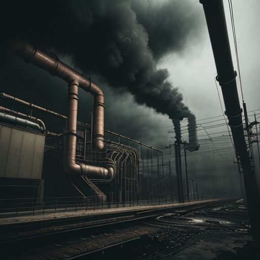 Prompt: Industrial, Gloomy, Dark, Pipes, Smoke, Liminal Space