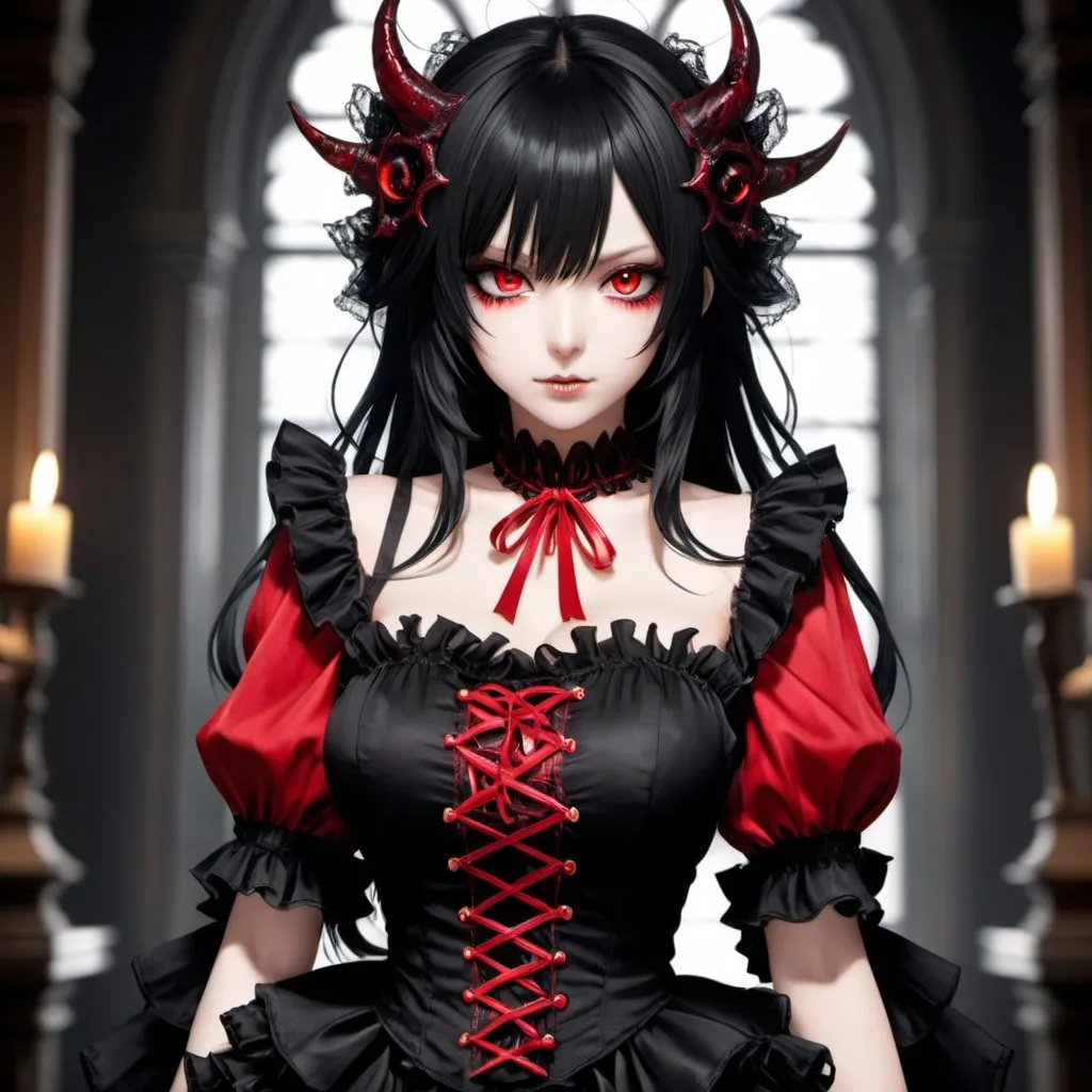 Black_Hair, Red_Demonic Eyes, Frilly Mono-Blouse, Im...