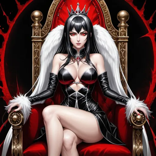 Prompt: Gorgeous Queen of Hell, NEVS, Swept Bangs, Perceiving Red_Eyes, Anime, Black/White Hair, Sitting Cross Legged on Throne, True Devout Power, All Ending Ambition
