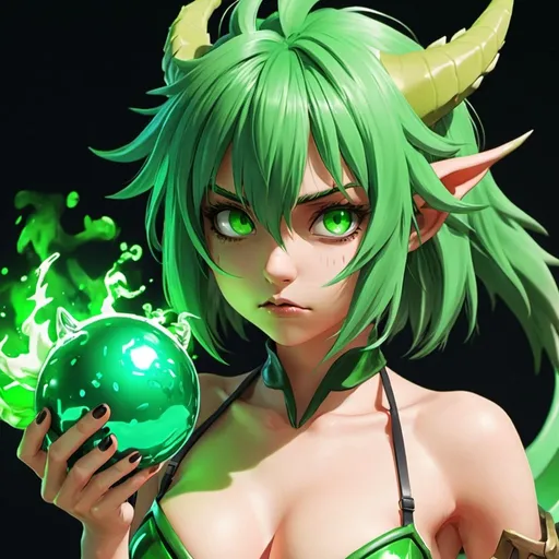 Prompt: Green_Hair, Puffy Dragon Girl, Drunk, Unholy, Blind Warrior of 50 Legions of Demons, Brazen, Anime, Focused on Taking Away The Gift, Ideal Collective Radiance