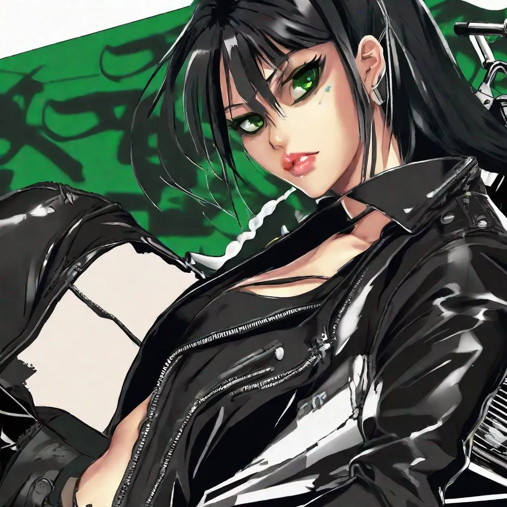 Prompt: Green_Eyes, Jet_Black_Hair, Leather Jacket, Long Rider, Anime, Greed, Slick Fit, Biker Thug Women, Smoker Addict