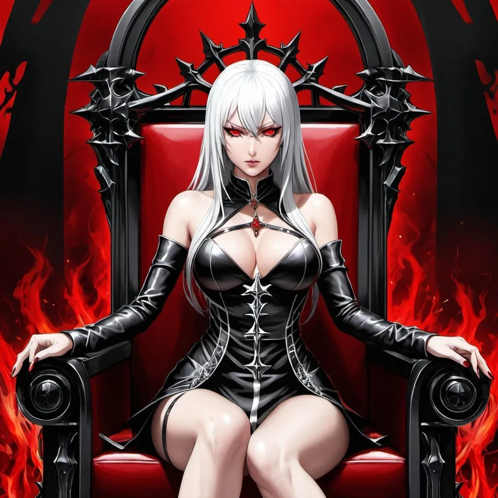 Prompt: Gorgeous Queen of Hell, NEVS, Swept Bangs, Perceiving Red_Eyes, Anime, Black/White Hair, Sitting Cross Legged on Throne, True Devout Power, All Ending Ambition