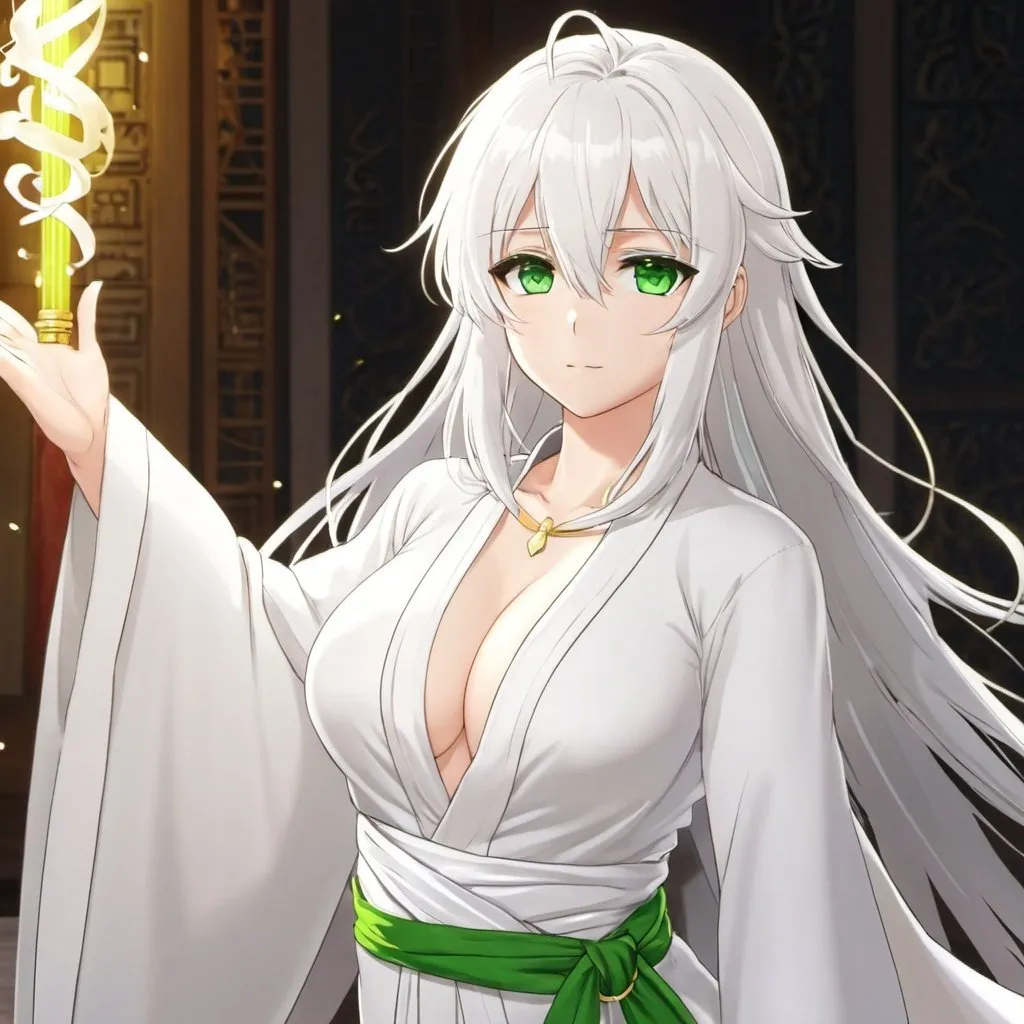 Prompt: Green_Eyes, Open White Robe, White_Hair, Anime Deluxe, Big Jubba, Honor Steaming, White_Angel Elegant Flow