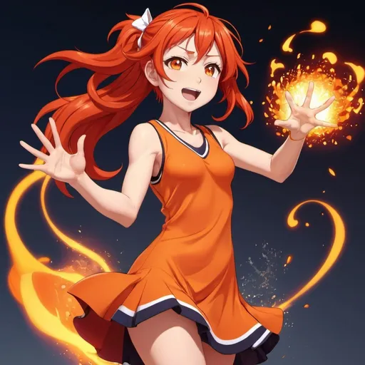 Prompt: Red_Hair, Lava Anime Girl, Powers of Luck & Skill, Orange Dress, Tomboy, Cheer and Joy