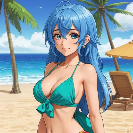 Prompt: Blue_Hair, Oobele {Large}, Flirty, Drunk, Beach Vacation Style RPG Anime, Coconut Beach Towel, Half Dressed, Sprout Boom-Play YouTube Mastery