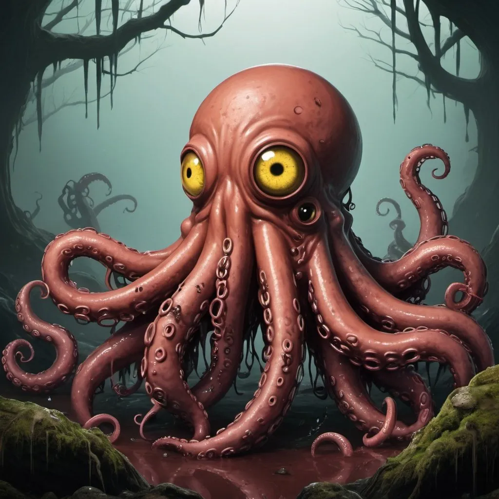 Prompt: Brown Sludge Monster, Yellow_Eyes, Dirty Filmy Subtype, Aggressive Rouge Maelstrom, Honestly Just Awful, Cancer, Total Waste <Squid-Chain>, Forest of Curses, Unregulated Neurotoxin  