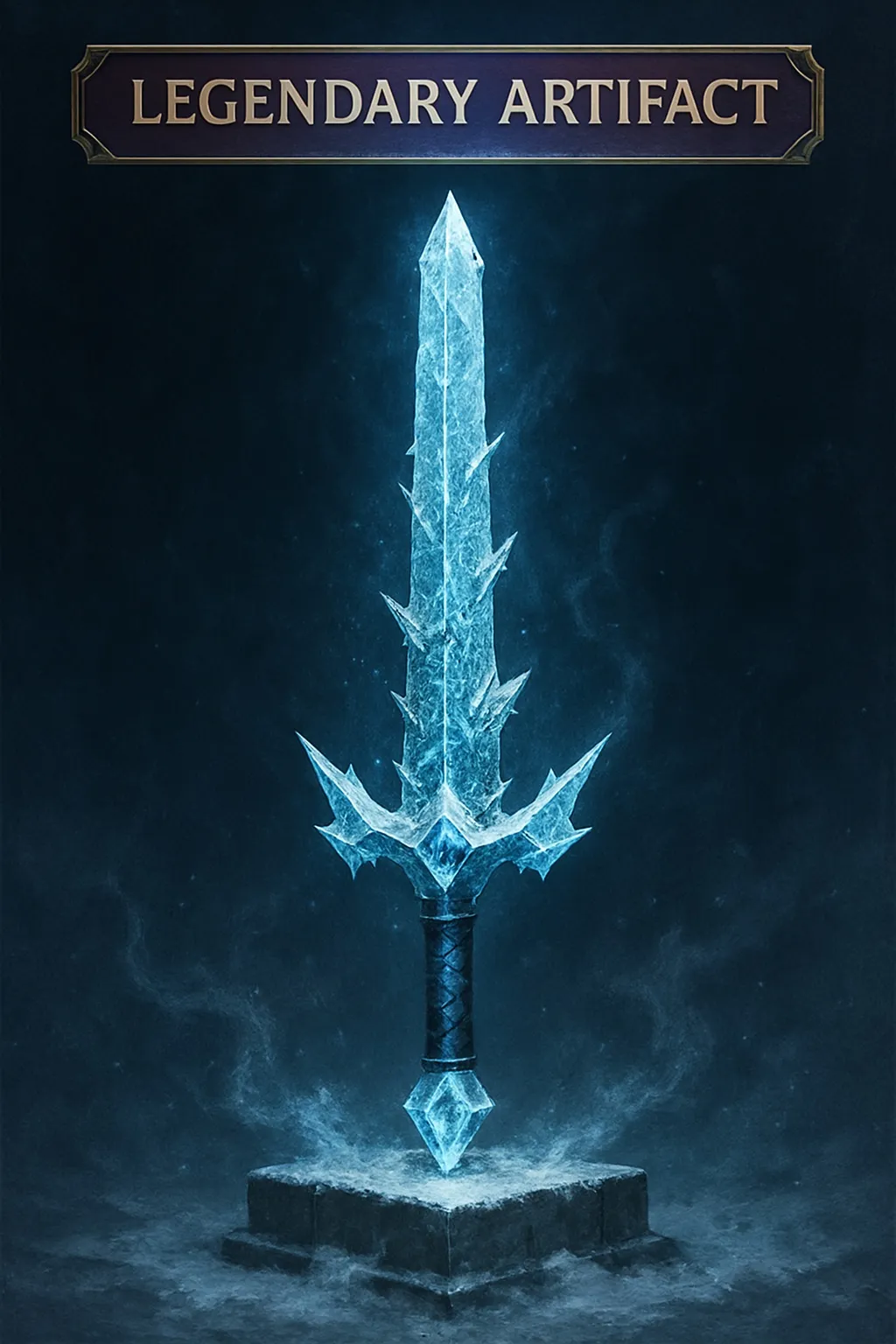 Prompt: an icy blade, legendary rarity, display, prominent artifact