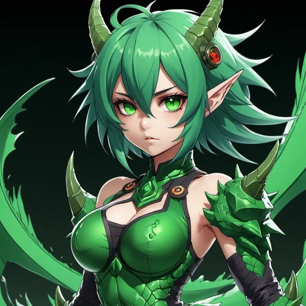 Prompt: Green_Hair, Puffy Dragon Girl, Drunk, Terrible Vast Powers, Blind Warrior of 50 Legions of Demons, Total Energy Clutch, Anime, Pure Monster Mode, Ideal Collective Radiance