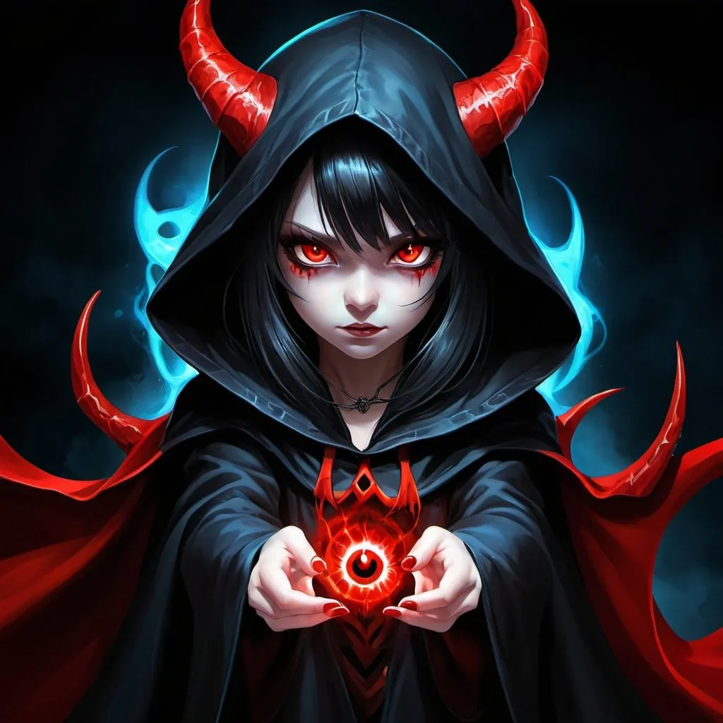 Prompt: Demonic Red_Eyes, Shadow Girl, Eye_Red, Black Hair & Cloak, Hasty and Childish, Demon Spawn, Blue Glow of Chakra, Hood