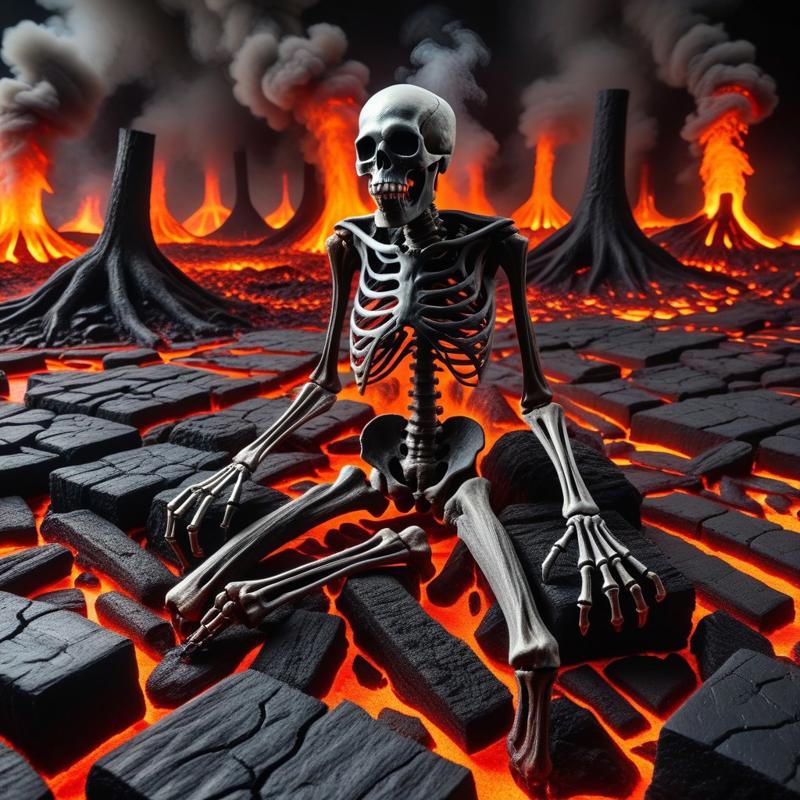 Prompt: Crazy Demonic World, Black Tar Psychic Domain, True Black Coal of Embers, Molten Lava, Death Skeletons, Soot and iron mist, Detranspositioning of Great Sorry, Grand Hellscape of True Terror Nightmares