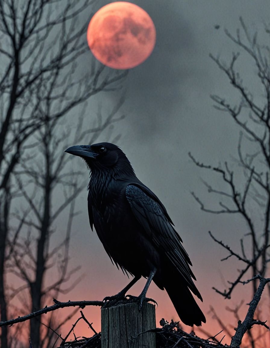 Prompt: Nevermore Creepy Crow, High Resolution, Full Bloodmoon Impact