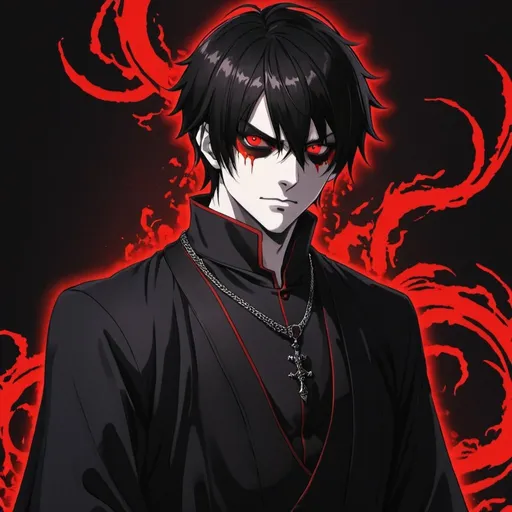 Prompt: Red_Eyes, Male, Evil Demon, Swept Hair Bangs, Jet Black_Hair, Emperor Showtime, Awful Priest, Nasty Aura, Anime, Deluxe Programing