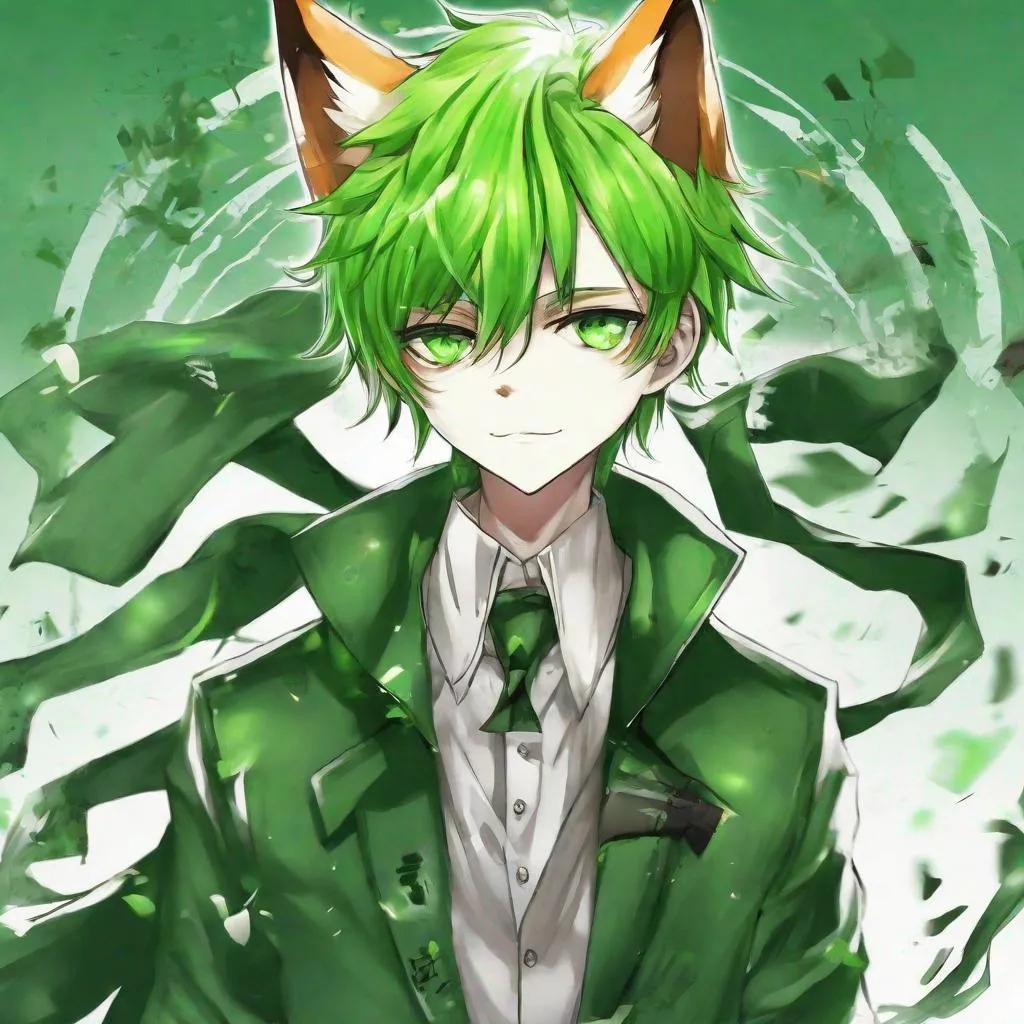 Prompt: Green_Eyes, FoxBoy, Chaotic, He is Toxic and Manipulative, Coat of White Wealth, by DHien, Anime