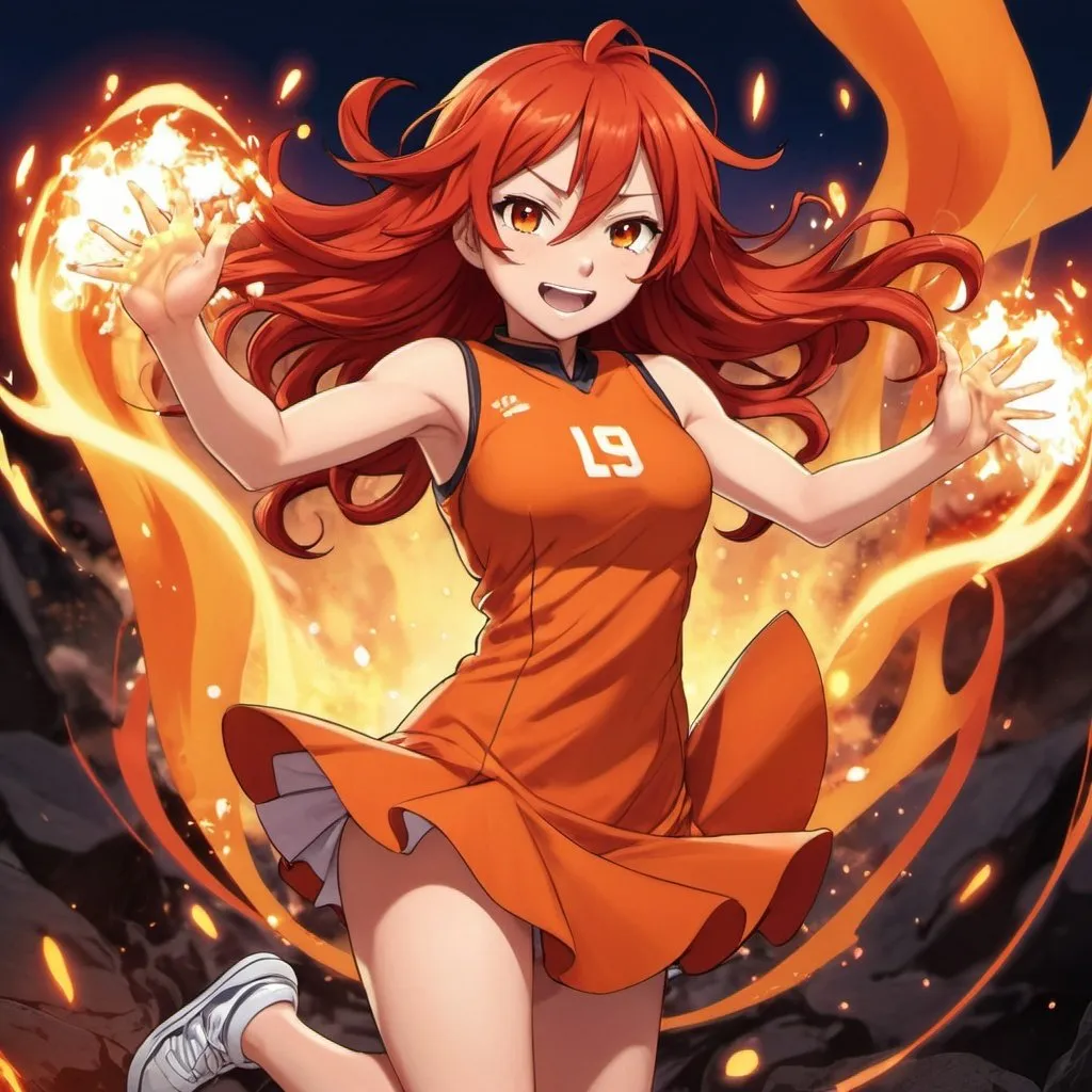 Prompt: Red_Hair, Lava Anime Girl, Powers of Luck & Skill, Orange Dress, Tomboy, Cheer and Joy