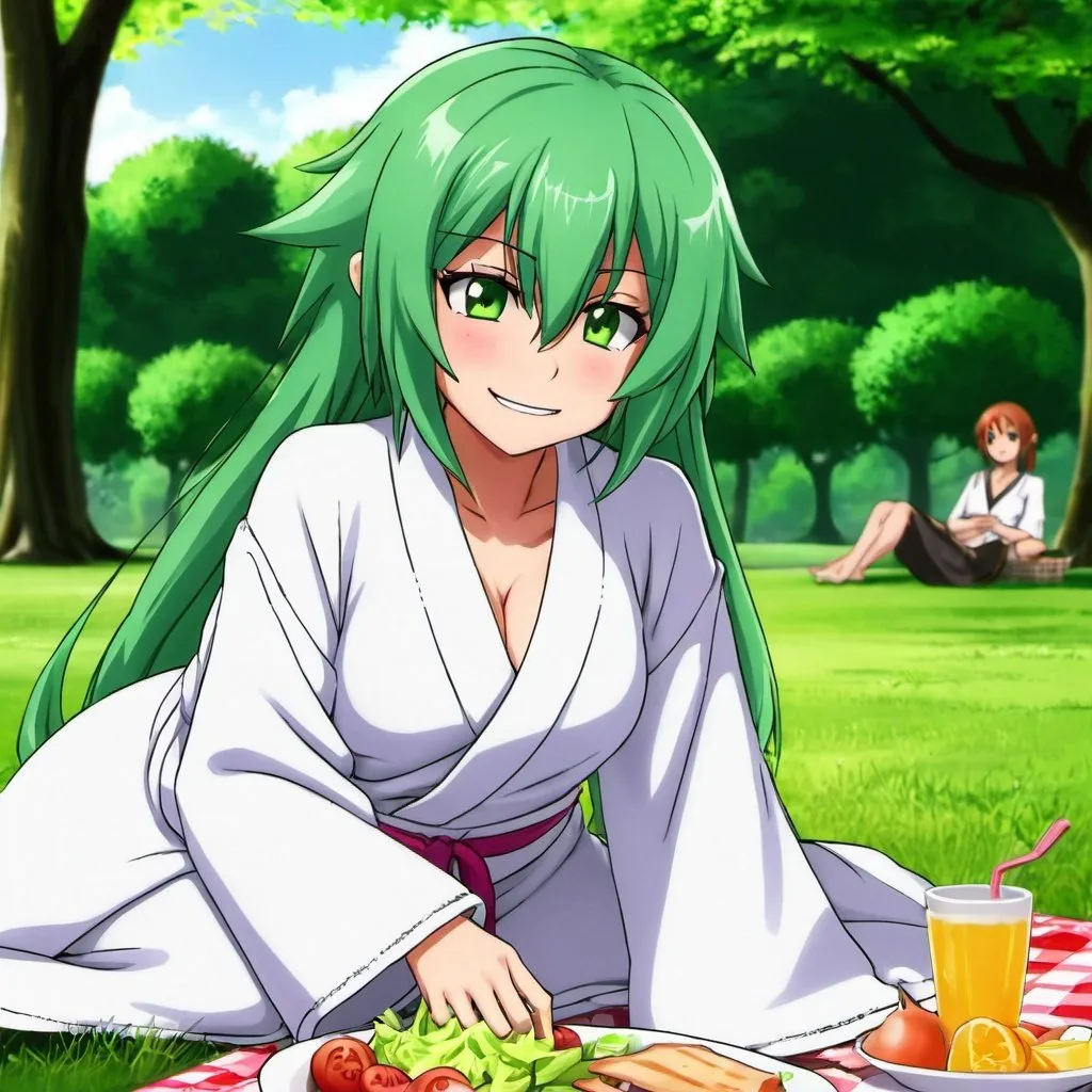 Prompt: Green_Hair, Puffy Dragon Girl, Drunk, Madness Extroverted, Confident, Soft-White_Robe, Blind Warrior of 50 Legions of Demons, Anime, Picnic Spring, Unsightly Moron